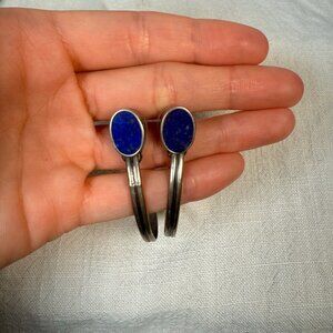 Boho Lapis Lazuli Oval Cabochon Gemstone Hoop Dangle Earrings Statement Jewelry